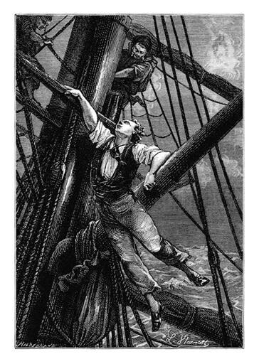 old book illustration of person climbing in ship's rigging (Henri Théophile Hildibrand, illustrating Around the World in 80 Days)